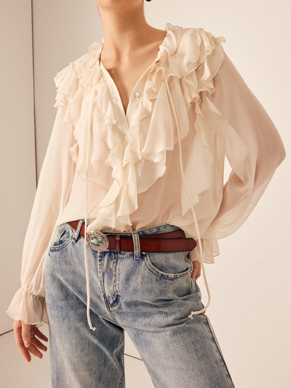 Commense Semi-Sheer Ruffle Chiffon Breasted Blouse